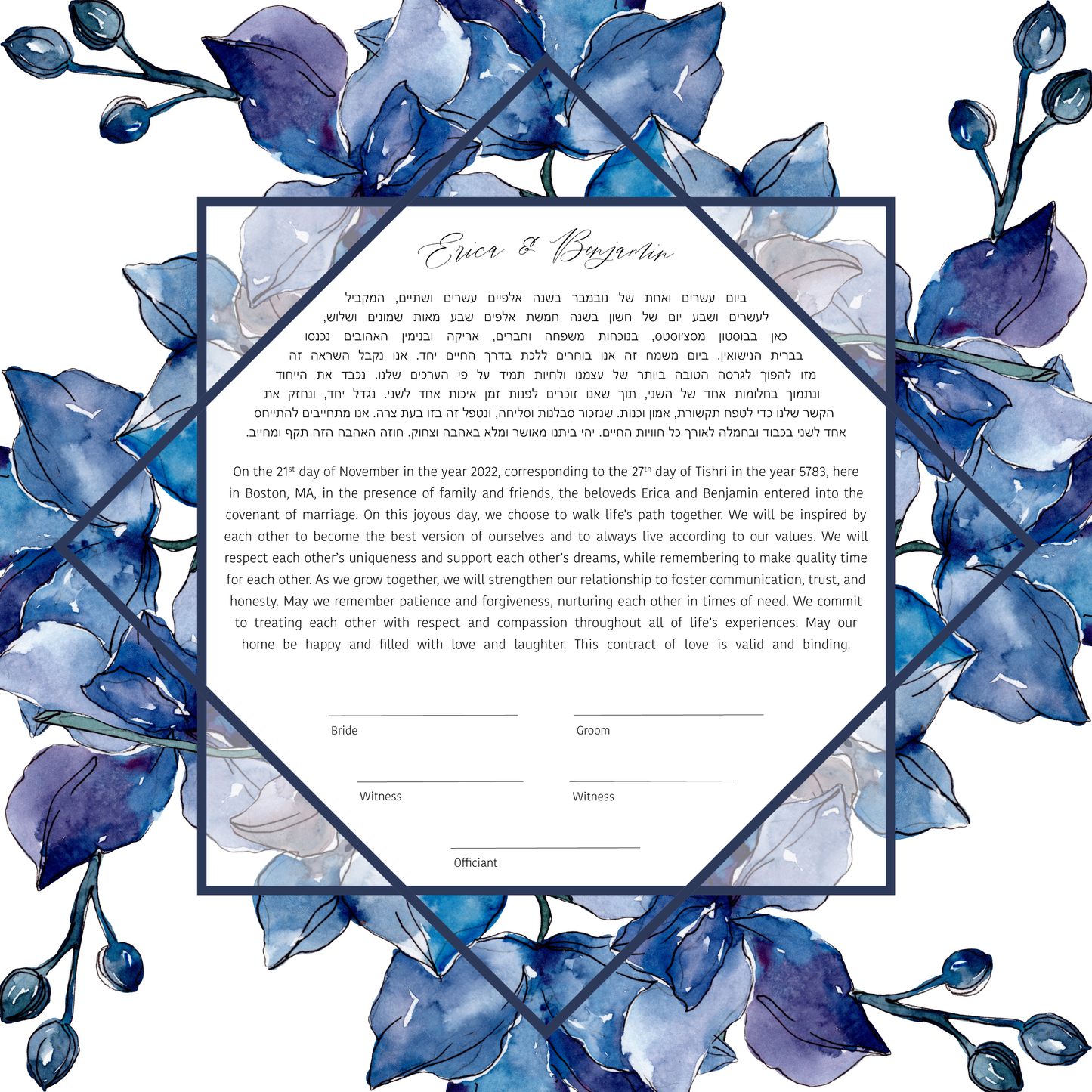 Blue Floral Watercolor Square Ketubah