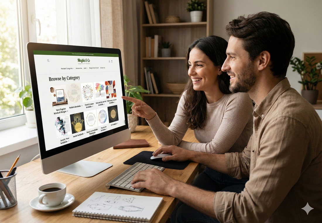 an image of a couple shopping for ketubahs online. They are browsing multiple modern design categories.