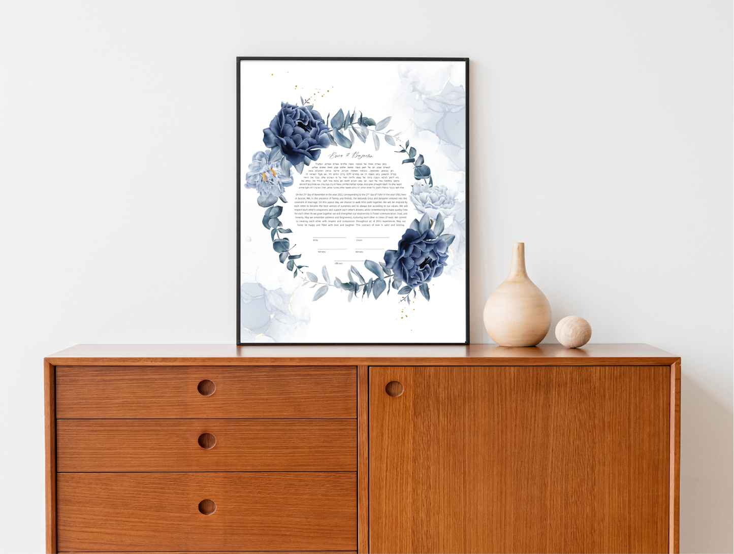 Blue Floral Wreath Rectangle Ketubah