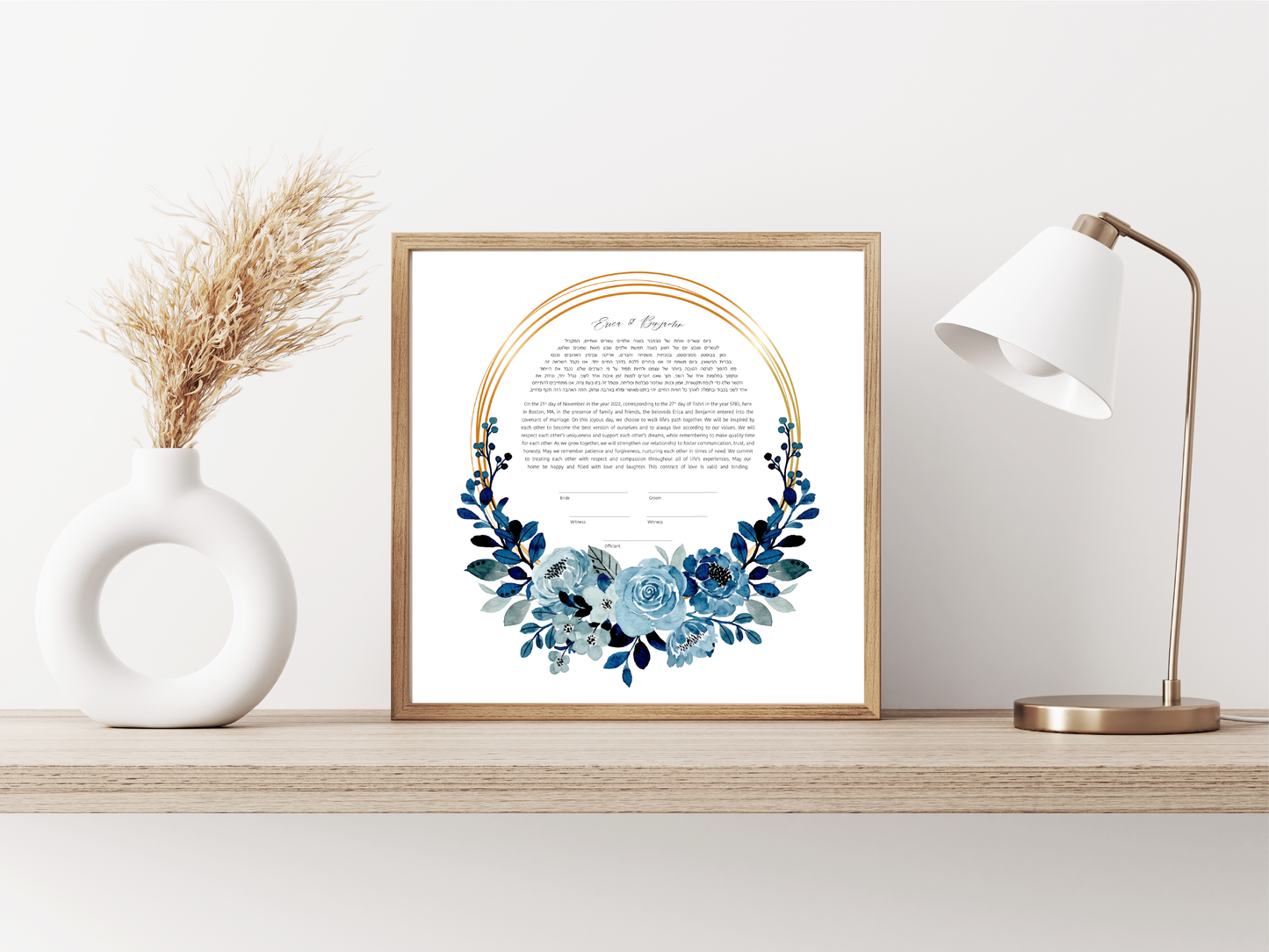 Blue Floral and Gold Ring Ketubah