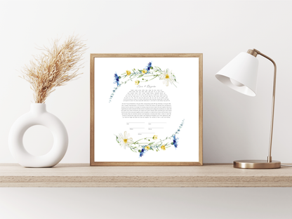 Blue and Yellow Simple Floral Watercolor Ketubah