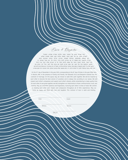 A blue ketubah with modern art lines and a circular text that reads 'Beauty and Torah', surrounded by a wave pattern.