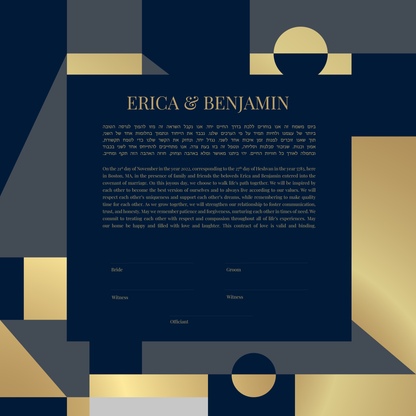 This ketubah blends rich navy tones with bold geometric forms, creating a clean mid-century modern aesthetic that feels both timeless and contemporary. Blocks of deep blue, soft gray, and brushed gold frame the text in a balanced, architectural layout. Subtle curves and angular shapes play against each other, giving the piece a sense of structure while still feeling warm and inviting.