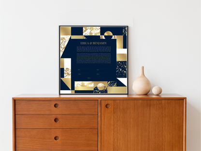 A square-shaped ketubah with a geometric pattern in blue and gold colors, displayed on a wooden wall shelf in a modern living room setting.