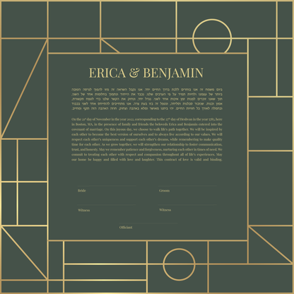 A personalized green and gold geometric ketubah with placeholder text for names and dates.