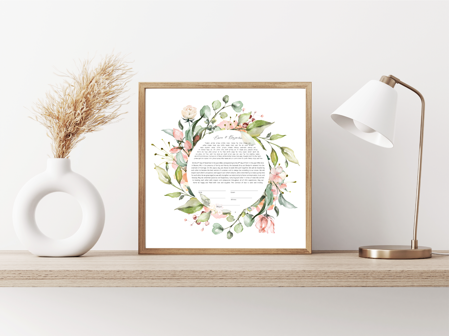 Pink & White Floral Leaf Watercolor Ketubah