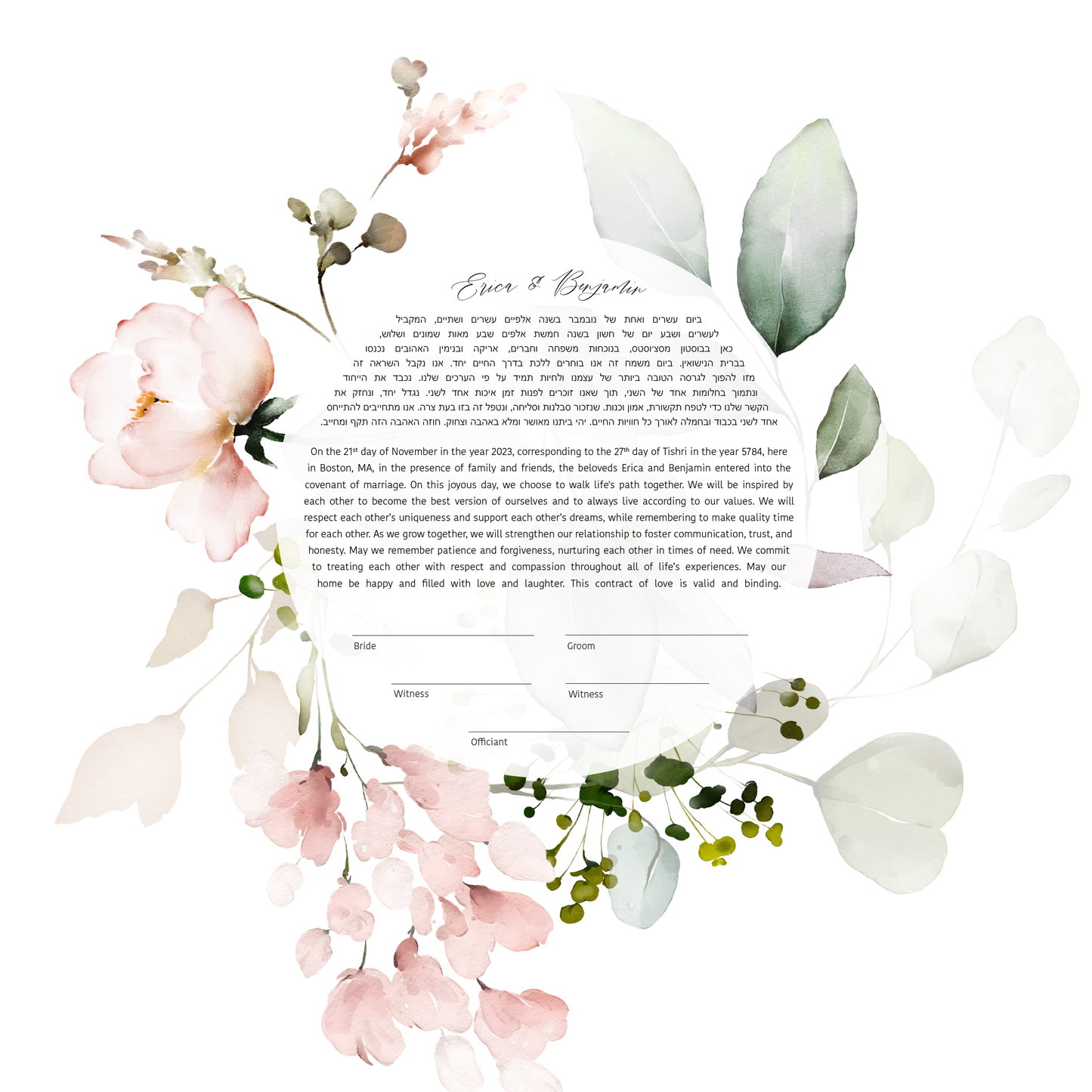 Pink Floral Watercolor Ketubah