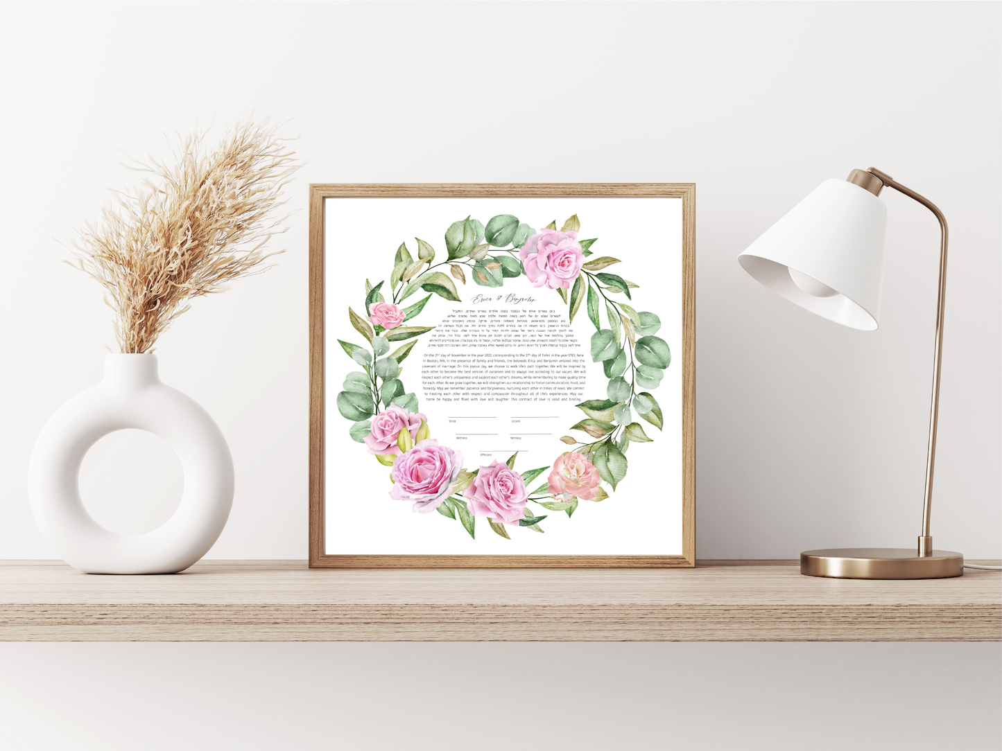 Pink Rose Floral & Leaf Ring Ketubah