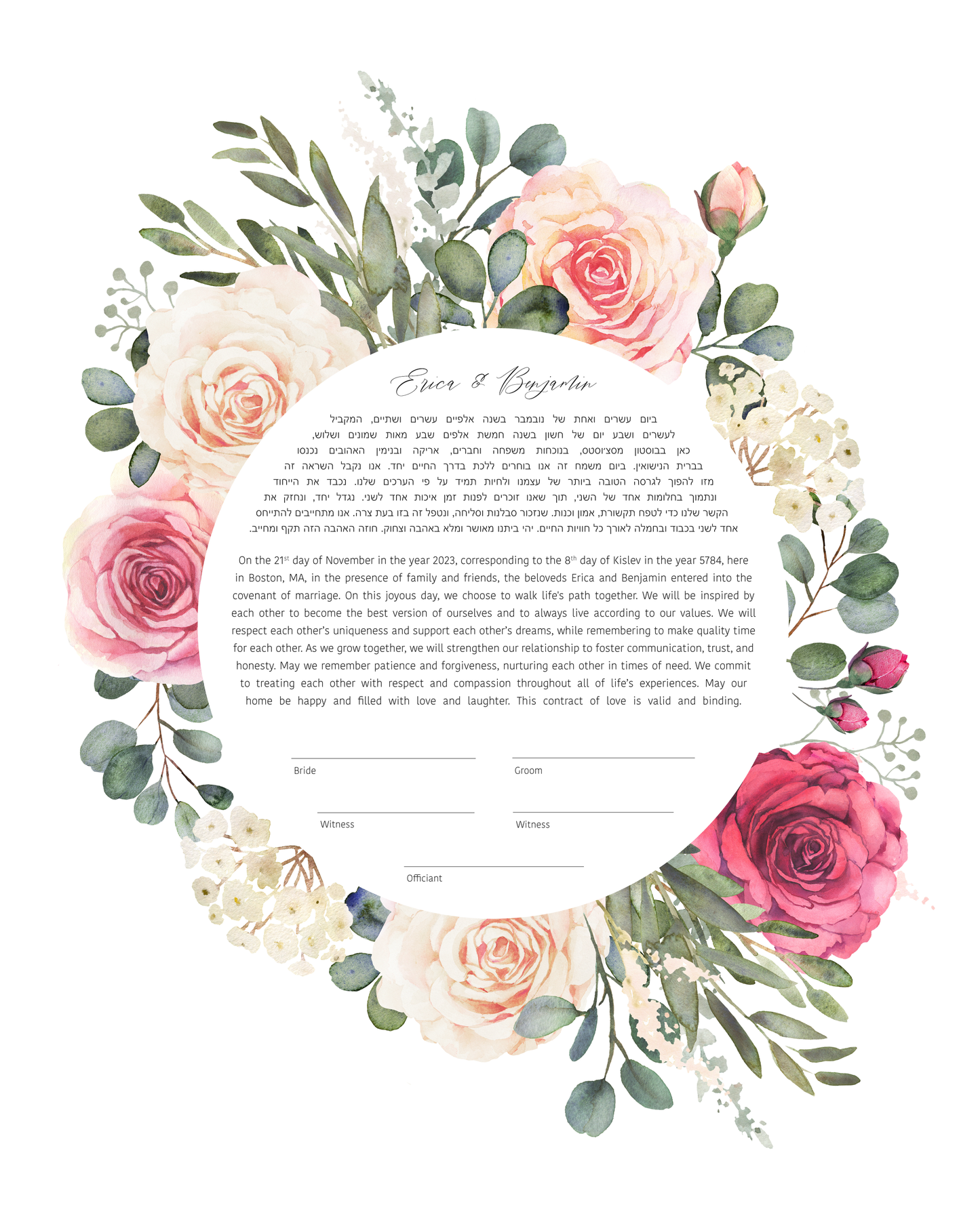 Pink and White Rose Floral Watercolor Ketubah