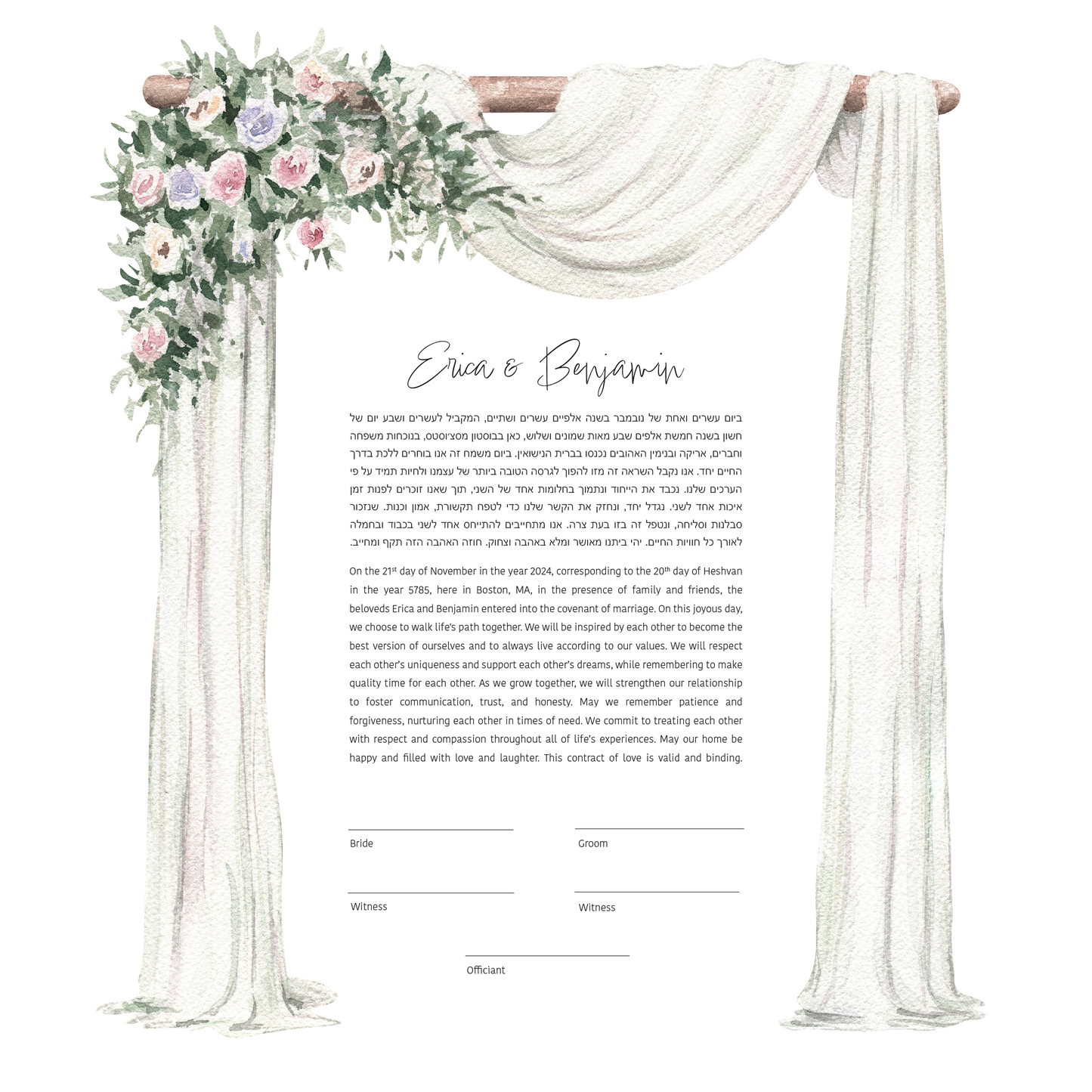 Chuppah White Arch Floral Watercolor Ketubah