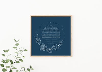 Blue Floral Leaf Line Drawing Ketubah