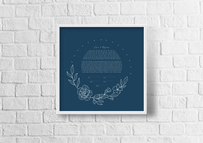 Blue Floral Leaf Line Drawing Ketubah