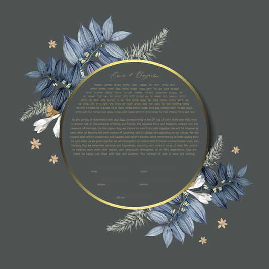 Gold Ring and Blue Leaf Ketubah