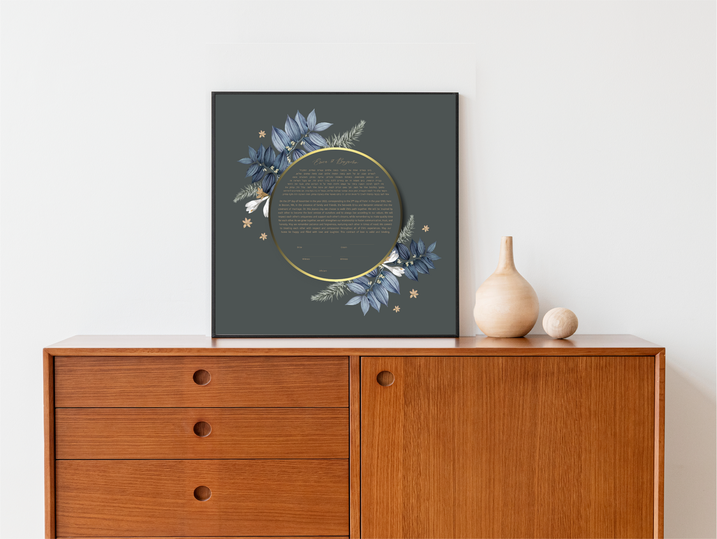 Gold Ring and Blue Leaf Ketubah