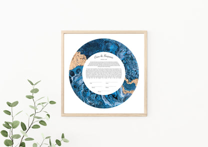 Blue and Gold Acrylic Pour Ketubah