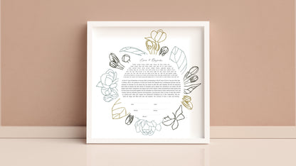 Floral Outline Gray & Green Ketubah