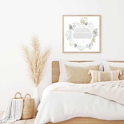 Floral Outline Gray & Green Ketubah