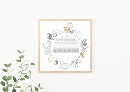 Floral Outline Gray & Green Ketubah