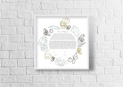 Floral Outline Gray & Green Ketubah