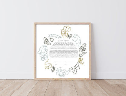 Floral Outline Gray & Green Ketubah