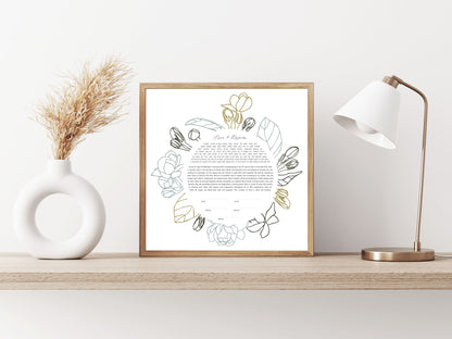 Floral Outline Gray & Green Ketubah