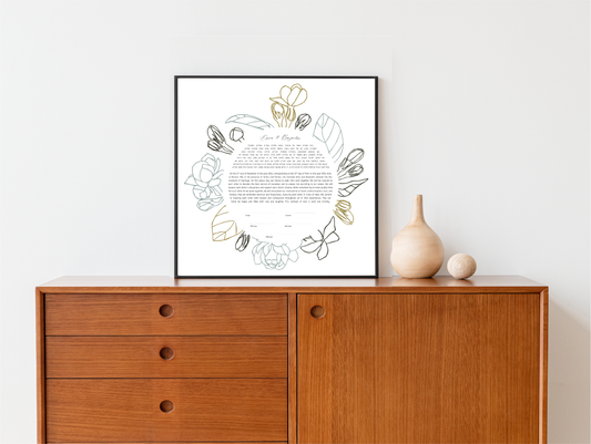 Floral Outline Gray & Green Ketubah