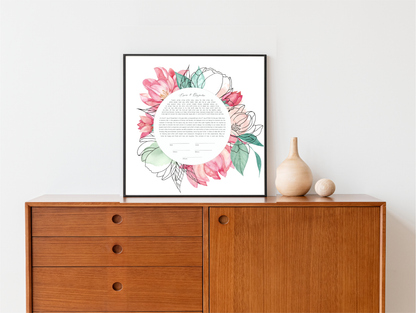 Pink Floral Line Drawing Ketubah