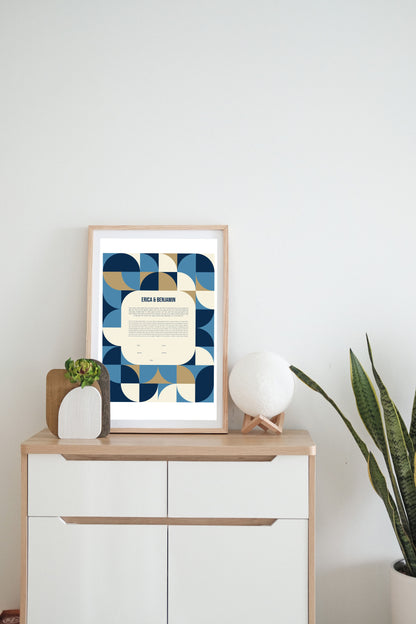 Mid Century Modern Blue and Gold Geometric Ketubah