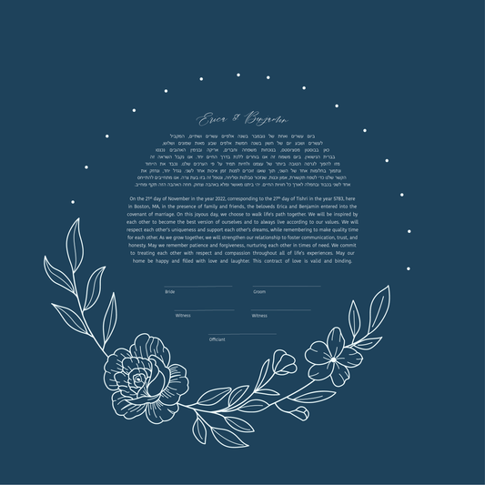 Blue Floral Leaf Line Drawing Ketubah