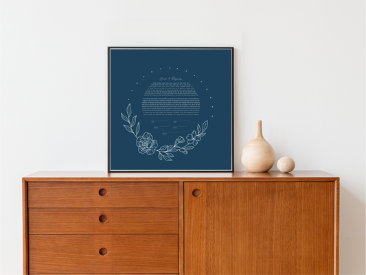 Blue Floral Leaf Line Drawing Ketubah