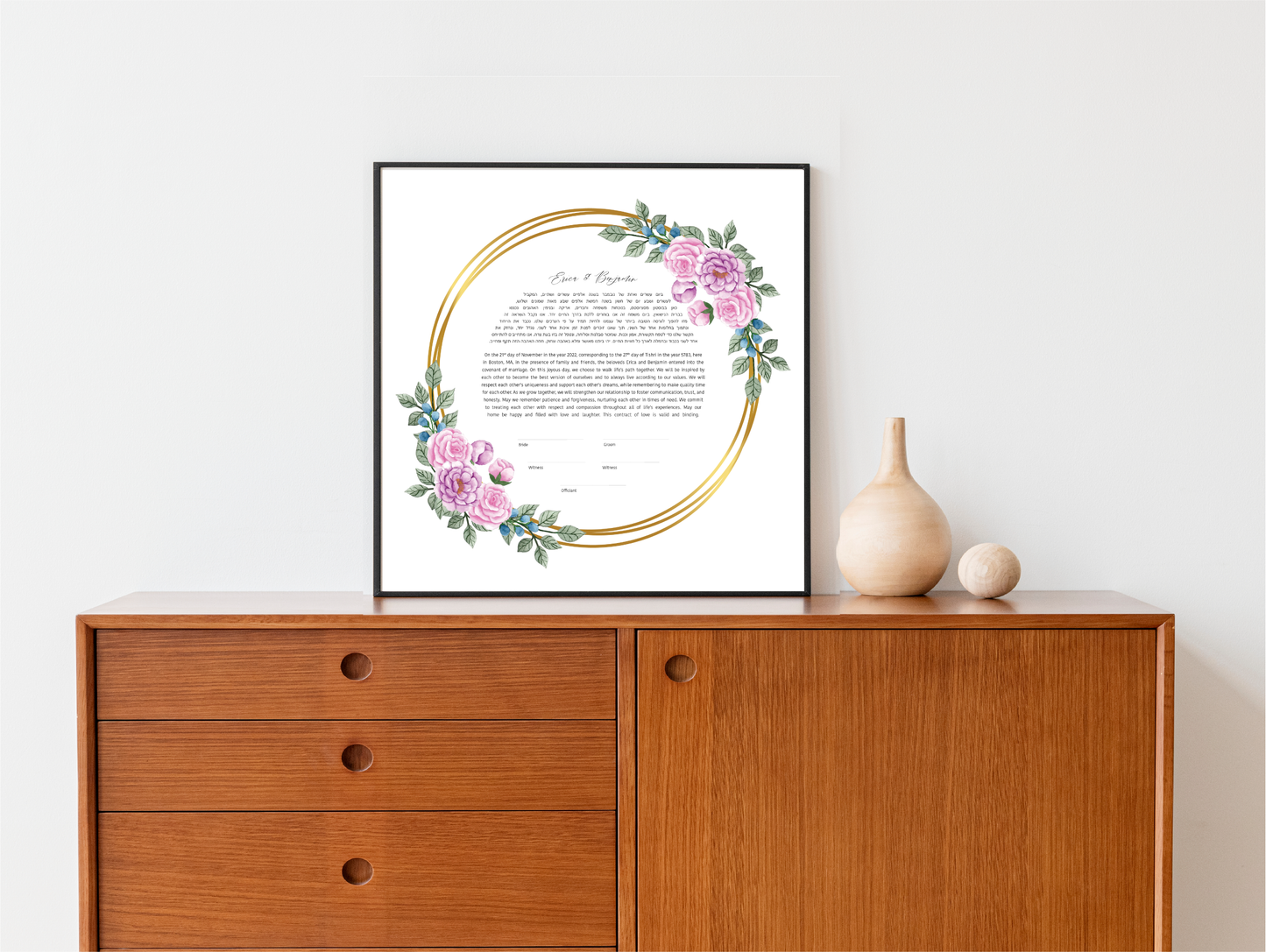 Pink Rose and Gold Ring Ketubah