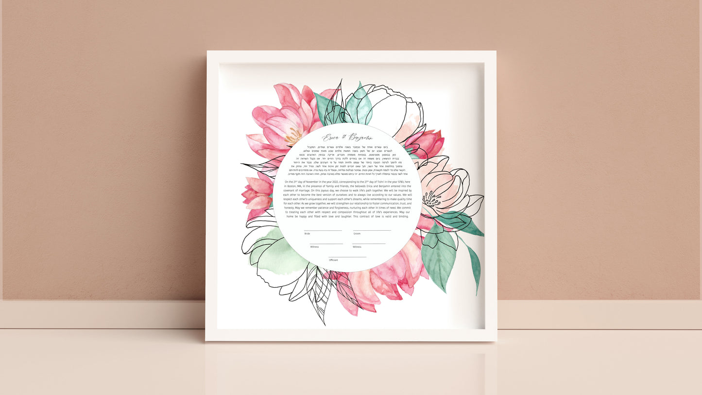 Pink Floral Line Drawing Ketubah