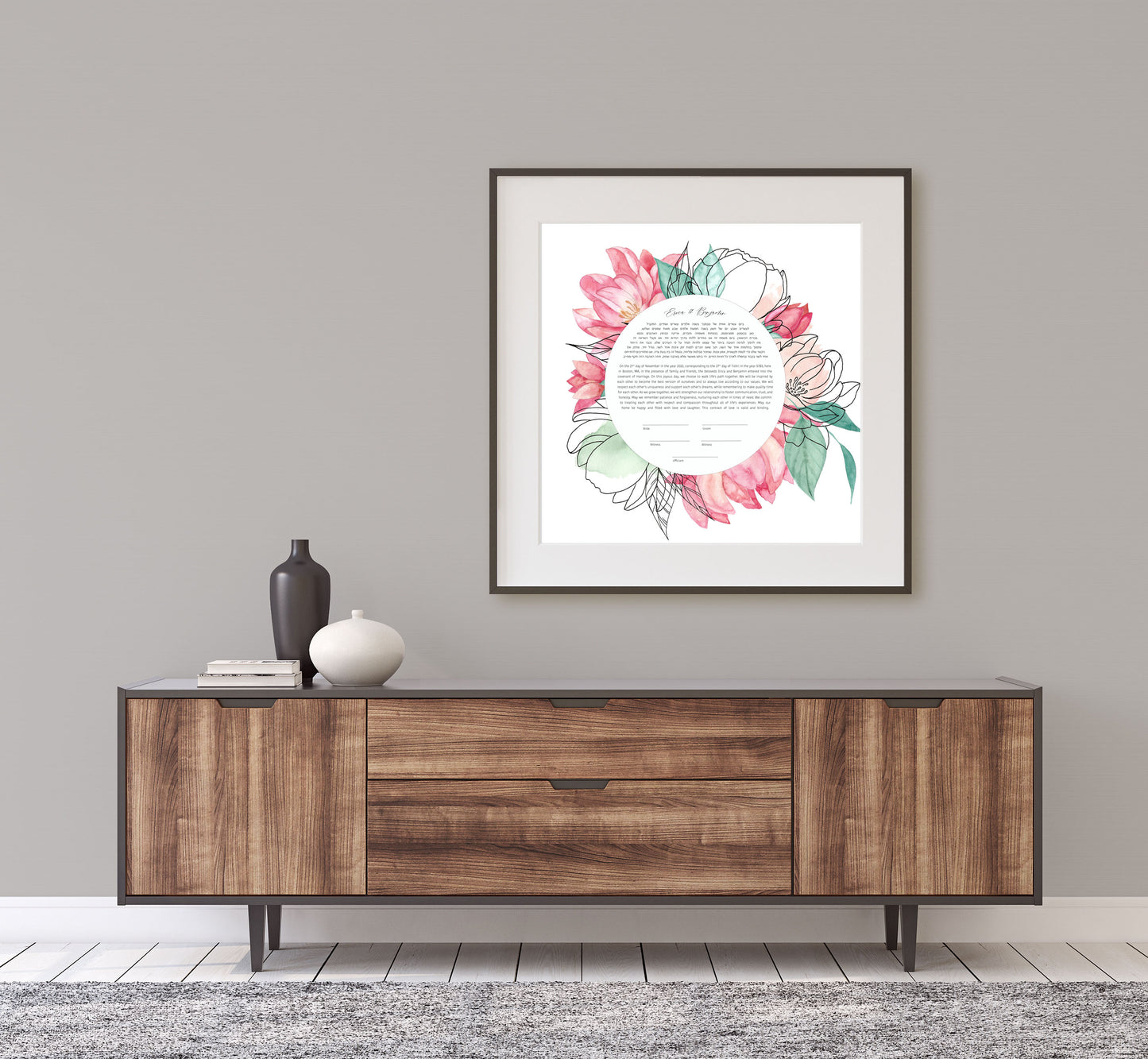 Pink Floral Line Drawing Ketubah