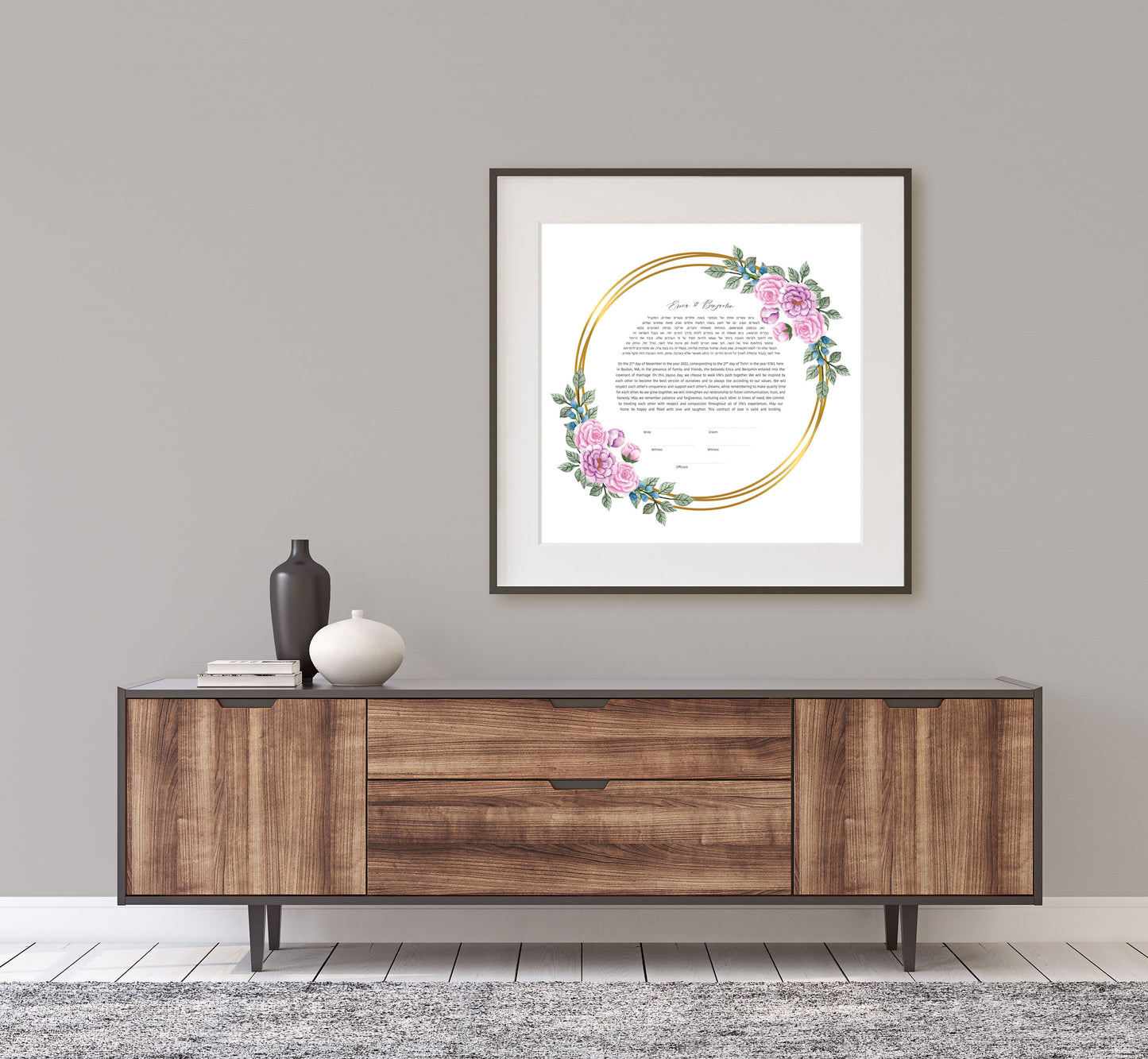 Pink Rose and Gold Ring Ketubah