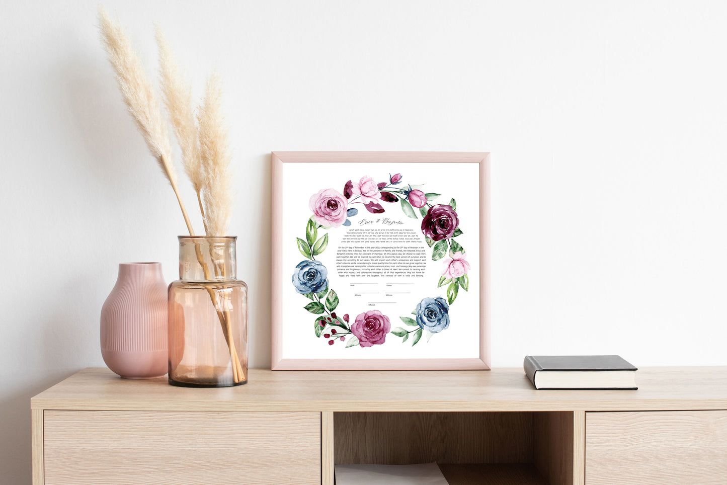 Pink and Blue Rose Floral Ketubah