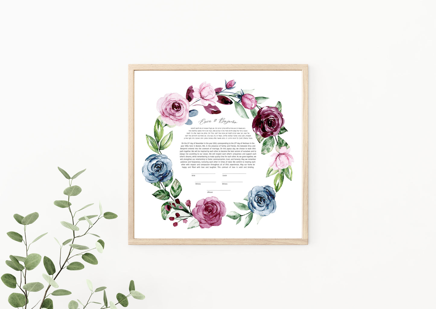 Pink and Blue Rose Floral Ketubah