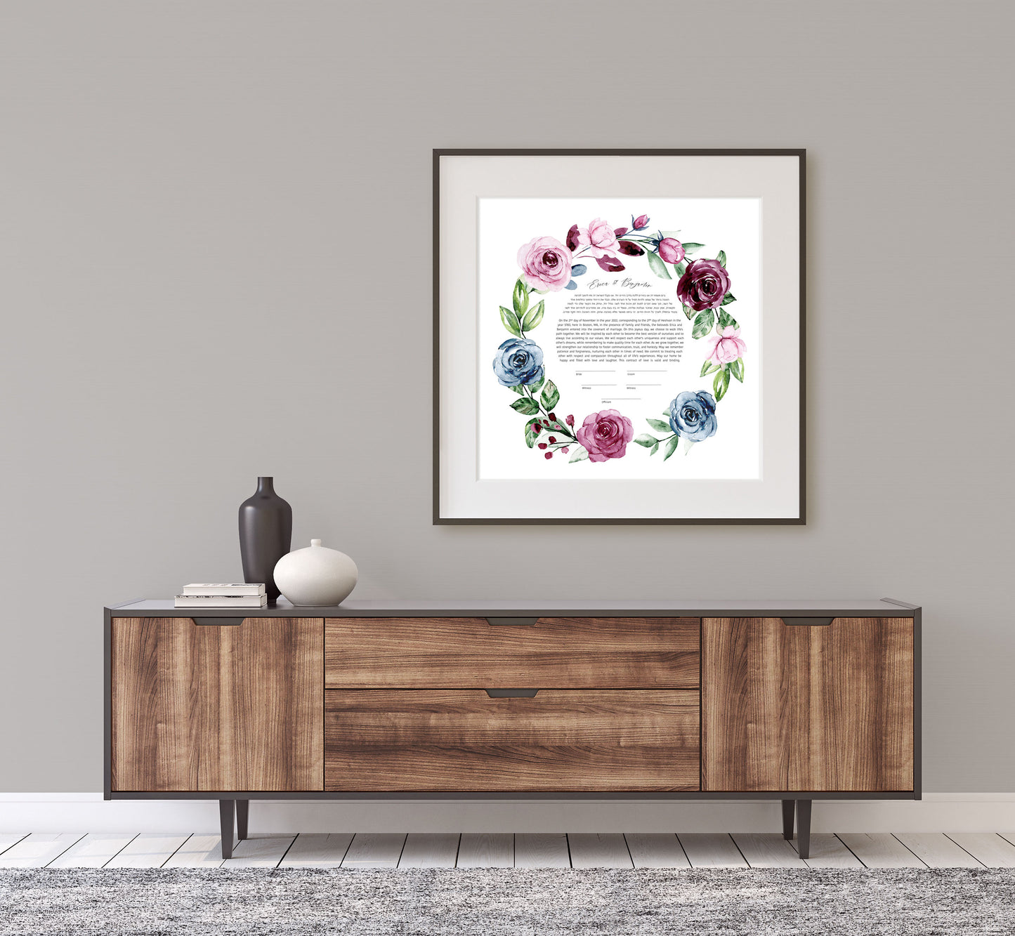 Pink and Blue Rose Floral Ketubah