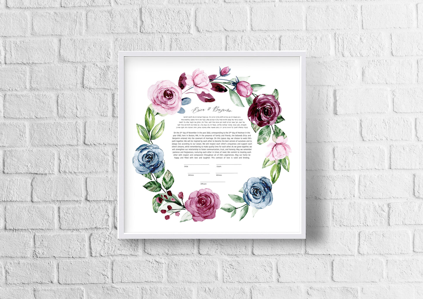 Pink and Blue Rose Floral Ketubah