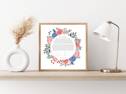 Red and Blue Floral Watercolor Ketubah