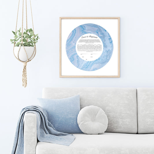 Blue & Silver Marble: Modern Ketubah | Custom Ketubah Acrylic Pouring Art Print | Reform, Secular, Interfaith, LGBTQ+