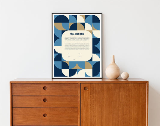 Mid Century Modern Ketubah: Blue and Gold Geometric Artwork Print Wedding Certificate  | Reform, Secular, Interfaith, LGBTQ+