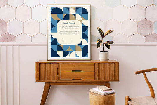 Mid Century Modern Ketubah: Blue and Gold Geometric Artwork Print Wedding Certificate  | Reform, Secular, Interfaith, LGBTQ+