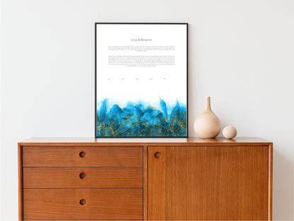 Modern Ketubah: Blue and Gold Leaf Artwork Custom Print Wedding Certificate  | Reform, Secular, Interfaith, LGBTQ+