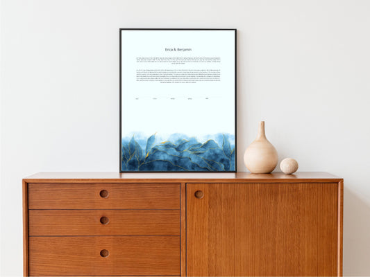 Modern Ketubah: Blue and Gold Leaf Artwork Custom Print Wedding Certificate  | Reform, Secular, Interfaith, LGBTQ+