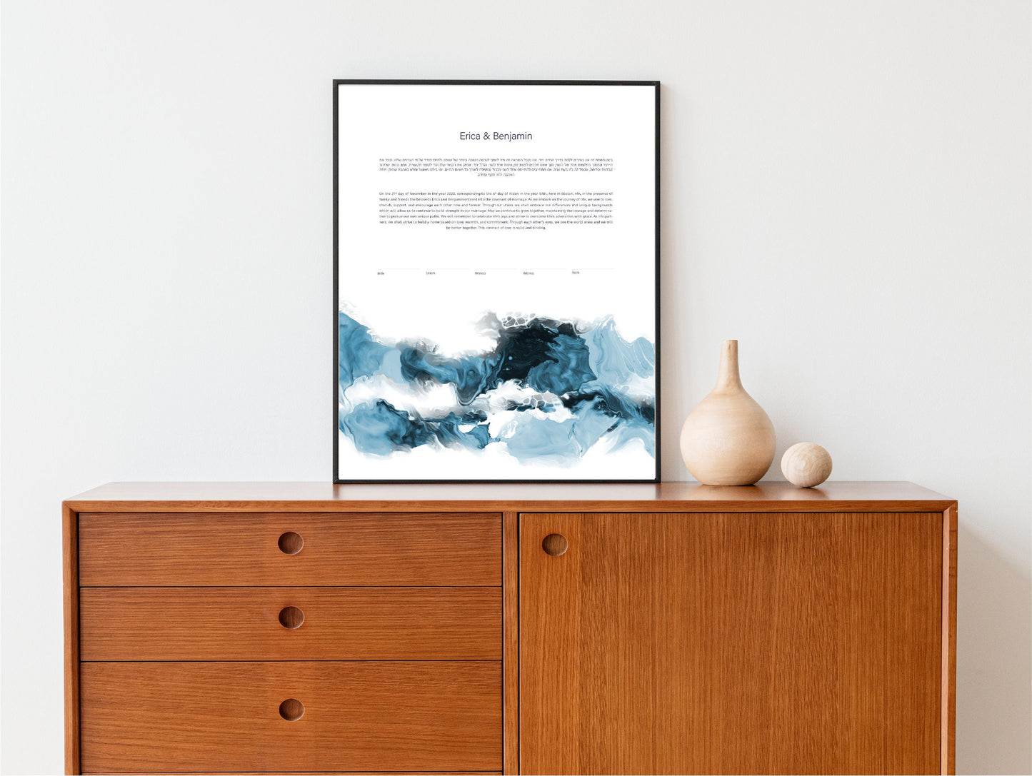 Modern Ketubah: Blue Acrylic Pour Artwork Custom Print Wedding Certificate  | Reform, Secular, Interfaith, LGBTQ+