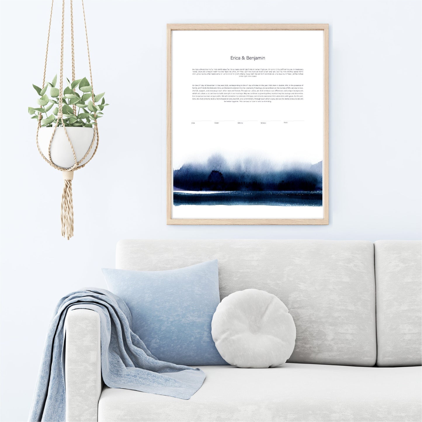 Modern Ketubah: Navy Blue Watercolor Artwork Custom Print Wedding Certificate  | Reform, Secular, Interfaith, LGBTQ+