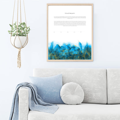 Modern Ketubah: Blue and Gold Leaf Artwork Custom Print Wedding Certificate  | Reform, Secular, Interfaith, LGBTQ+