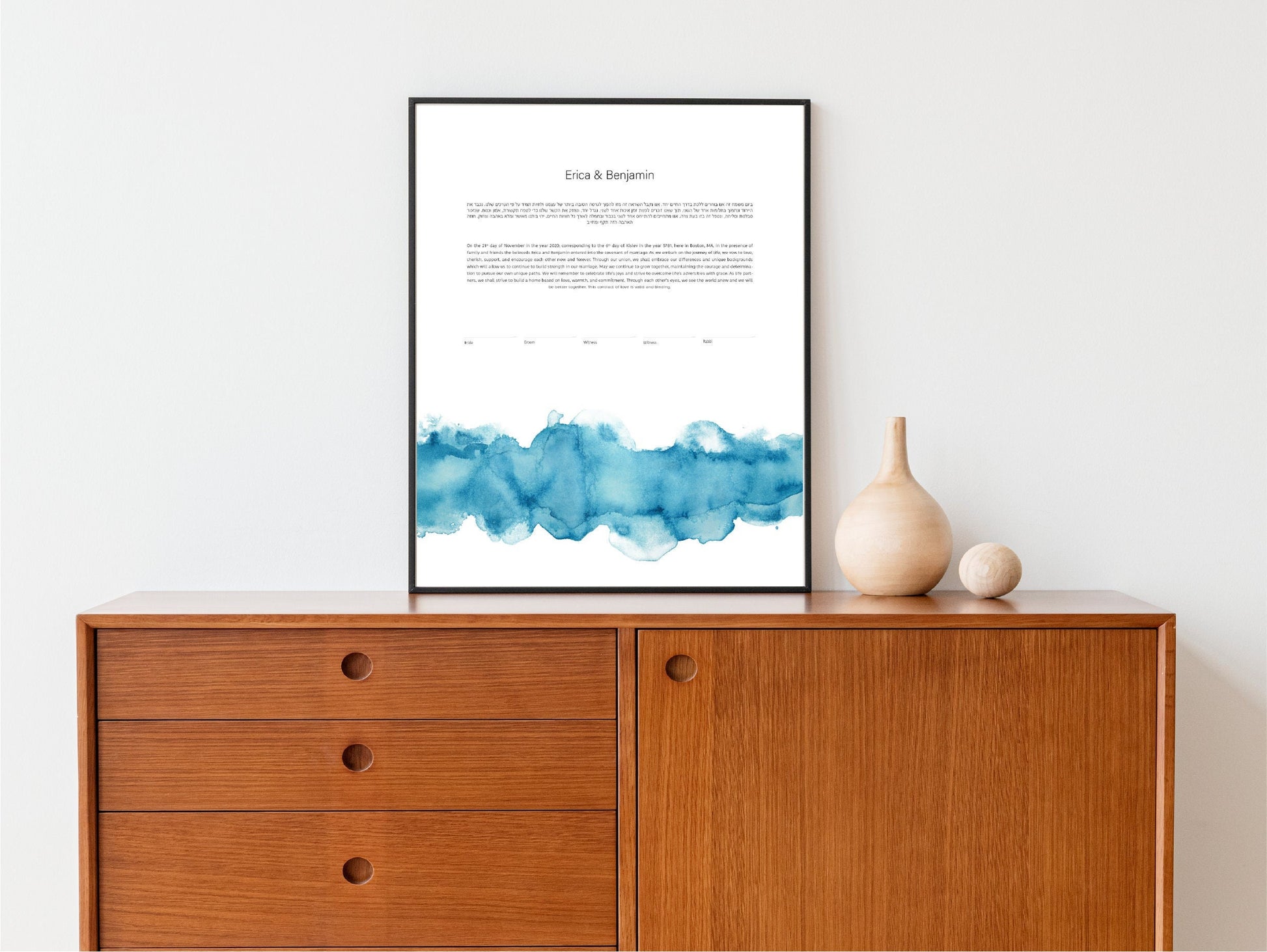 Modern Ketubah: Turquoise Blue Watercolor Artwork Custom Print Wedding Certificate  | Reform, Secular, Interfaith, LGBTQ+