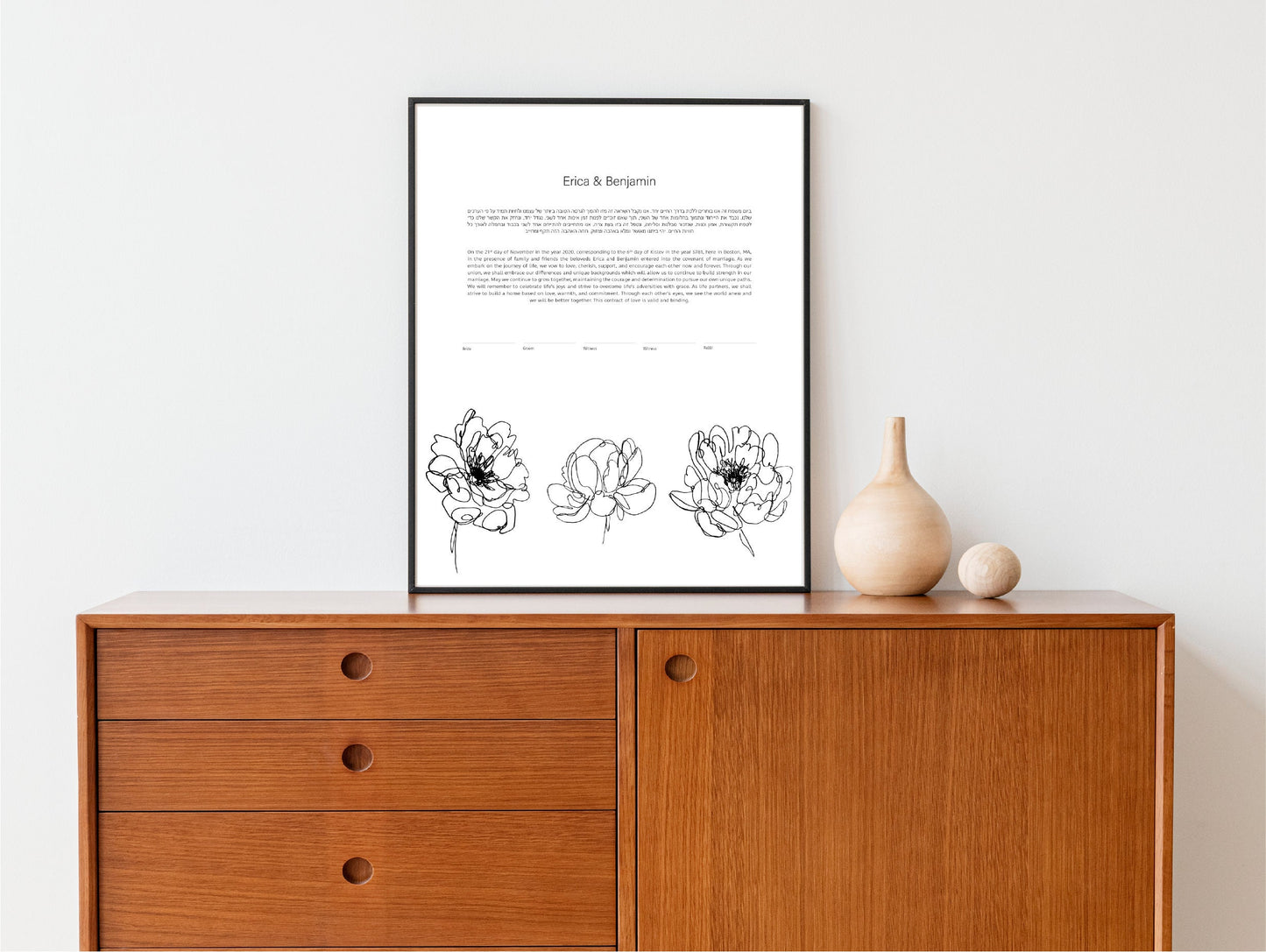 Line Drawing Flower Modern Ketubah  | Custom Print Wedding Certificate  | Reform, Secular, Interfaith, LGBTQ+