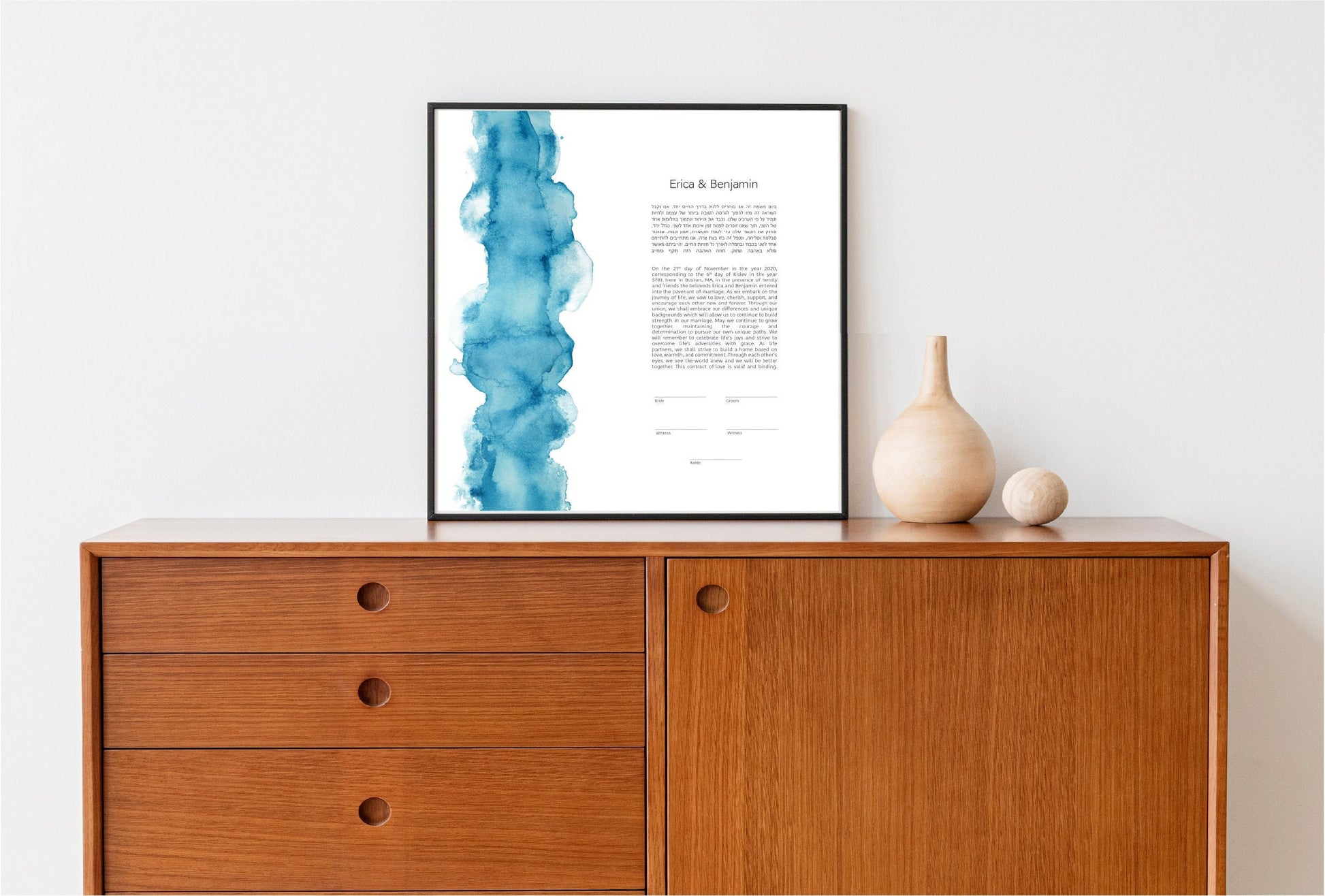 Modern Ketubah: Blue Watercolor Artwork Custom Print Wedding Certificate  | Reform, Secular, Interfaith, LGBTQ+